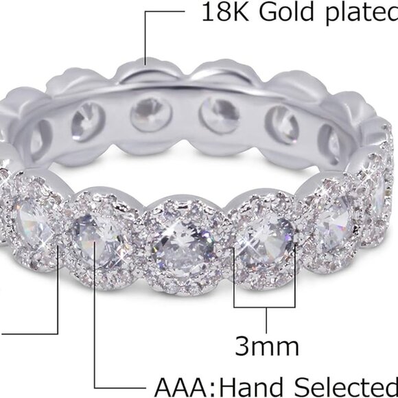 18K White Gold Plated Cubic Zirconia Round Cut Eternity Ring Band for Women - Picture 4 of 7